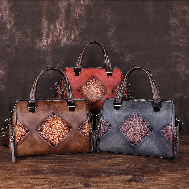 

Винтажная сумка из натуральной кожи для женщин, новинка 2021, сумка на плечо ручной работы с тиснением, Женская Повседневная Ретро сумка, дамс...