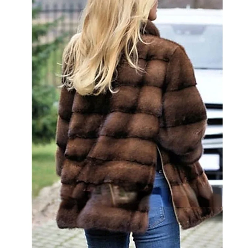 Donsignet Faux Fox Fur Vest Women Mid-length Womens Brown Coat Solid Casual Thick Warm Fur Winter Coat Women