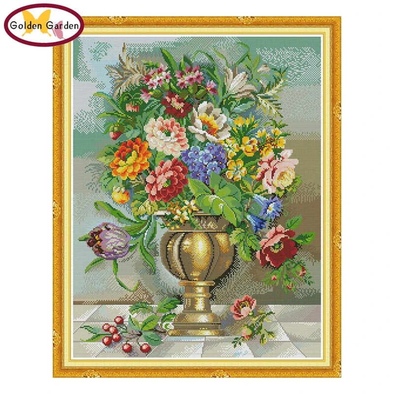 

GG Oil Painting Flowers Cross Stitch 11CT14CT Chinese Embroidery Needlework Set Joy Sunday Cross Stitch Pattern for Home Decor