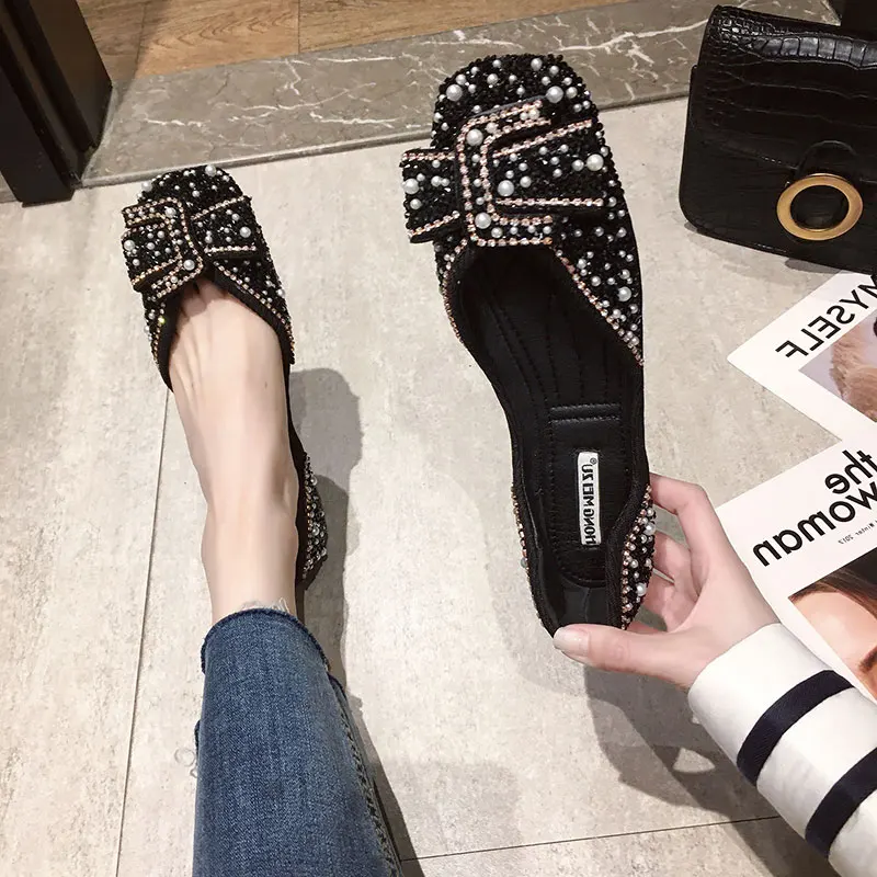 

Casual Woman Shoe Round Toe All-Match Modis Shallow Mouth Female Footwear Crystal 2021 Square New Retro Summer Boat Dress