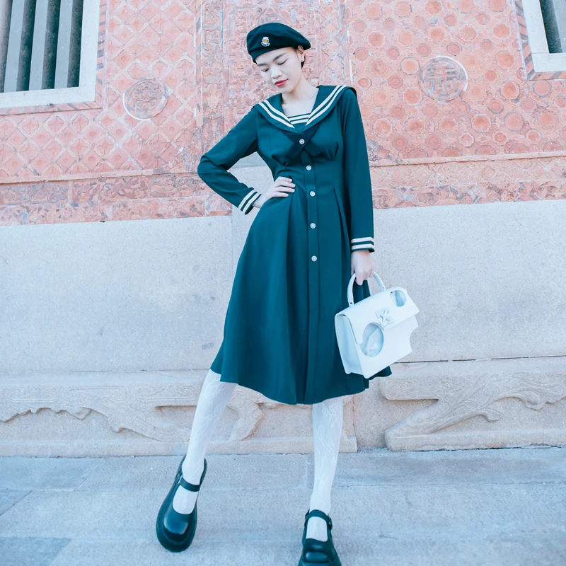 

Chic Spring New Sailor Collar Dress Women's Long-Sleeved Japanese JK Skirt Mid-Length Girlish Style Waist Slimming Kawaii