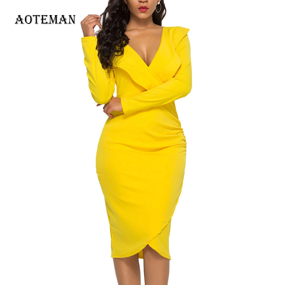 Сексуальное осенне-зимнее женское платье с v-образным вырезом 2019 повседневное