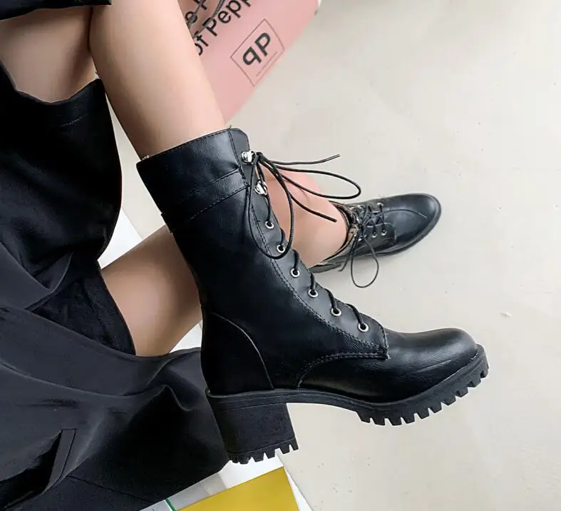 

Casual Round Head mid-calf Boots Lace-up Rivet Platform Black Green Yellow Brown High Heels Thick Riding Boots Women's Shoes