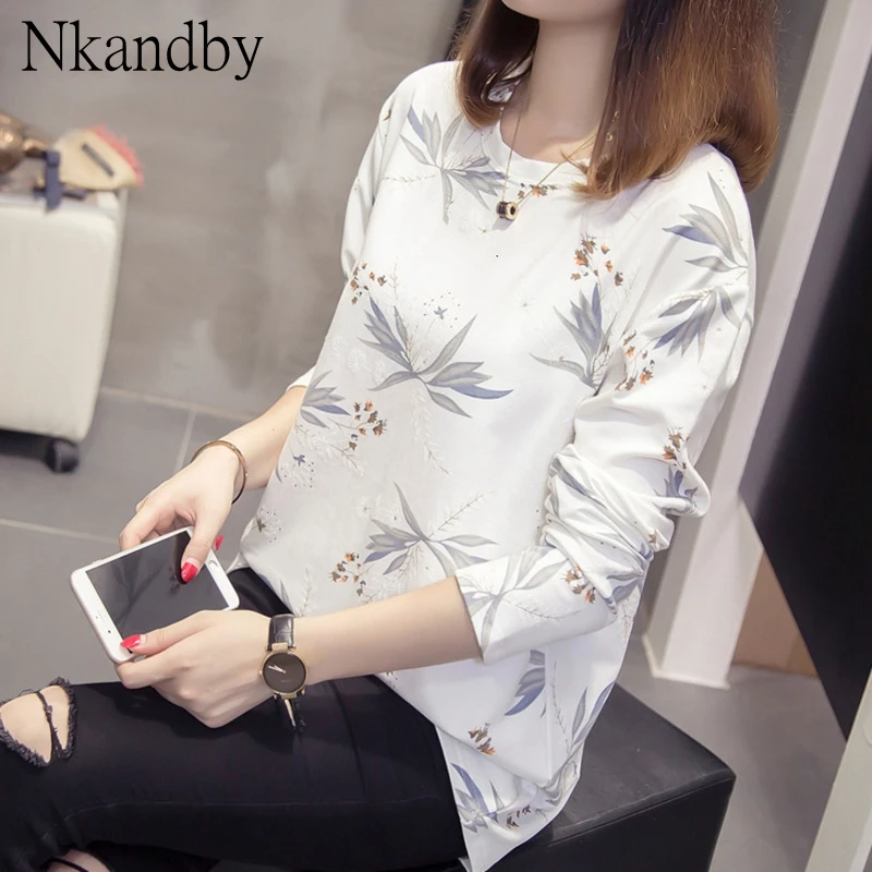 плюс размер Листья печати футболки осень 2019 Женщины o образным вырезом футболка с