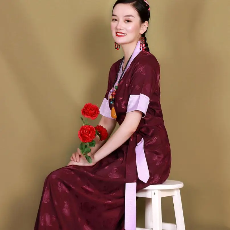 Тибетское платье с коротким рукавом женская летняя одежда шелковое в этническом