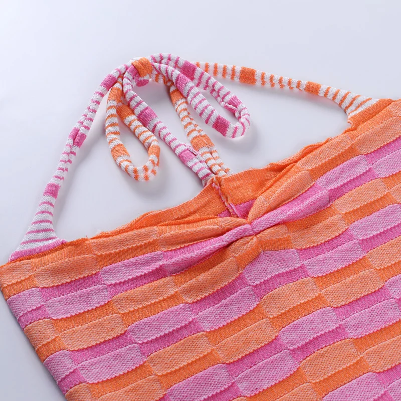 Camiseta de algodón 2021 para mujer, Top corto de almazuela de rayas con cuello Halter cruzado, camiseta sin mangas con tirantes, camisetas recortadas para mujer 100%