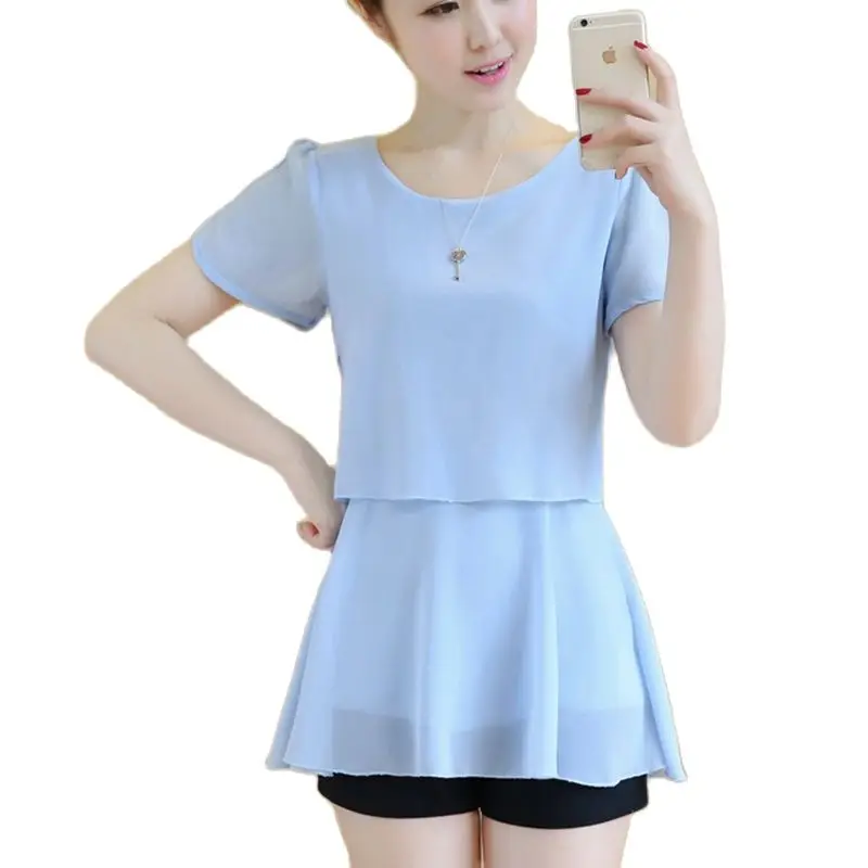 Блузка женская шифоновая с коротким рукавом и круглым вырезом размеры до 5XL |