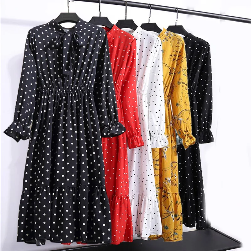 Корейская черная рубашка Vestidos для офиса в горошек, винтажные осенние платья, Женское зимнее платье, миди платье с цветочным рисунком и длинным рукавом для женщин