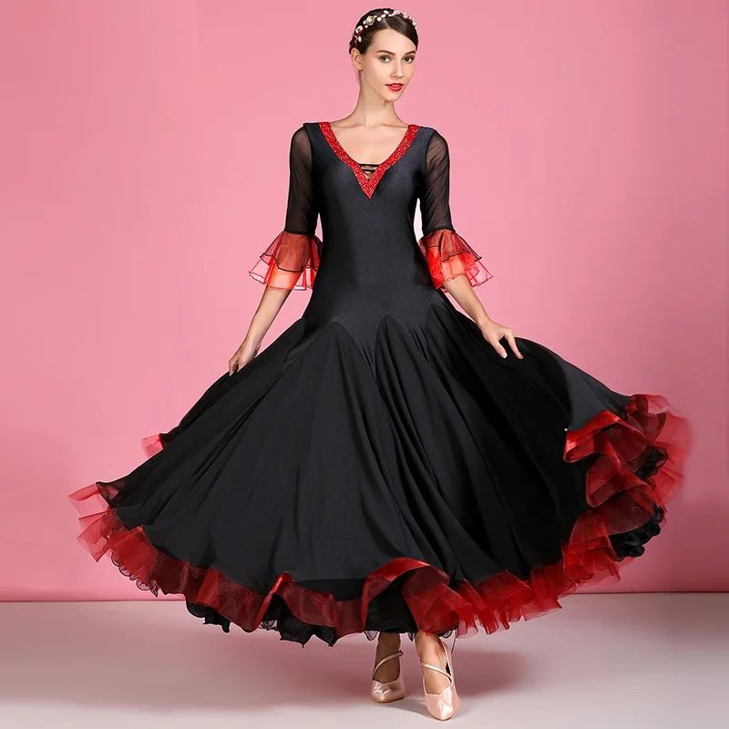 

Black And Red Retro Flared Sleeve Ballroom Dance Dress Standard Dancing Clothes Viennese Waltz Dress Foxtrot CostumesBall Gown