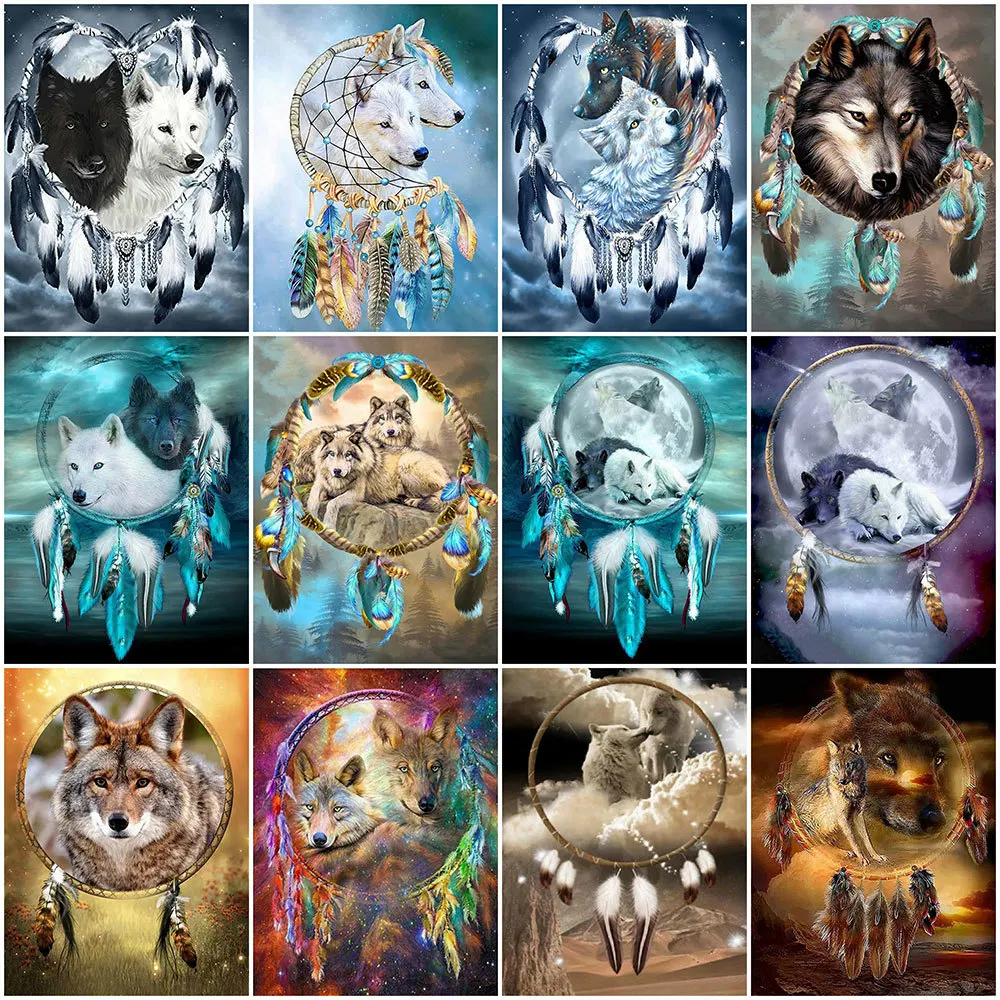 

HUACAN 5D DIY Diamond Embroidery Wolf Crystal Rinestone Diamond Painting Animal Dream Feather Cross Stitch Handmade Gift