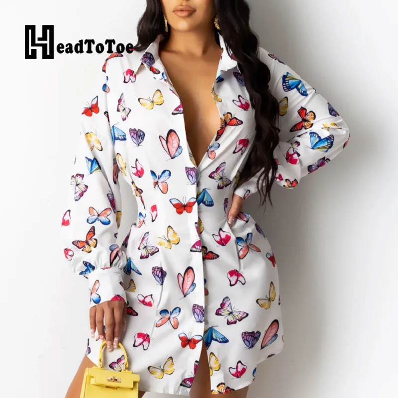 

Loose Office Lady Sexy Print Dresses Women Full Sleeve Turn Down Collar Shirts Dresses