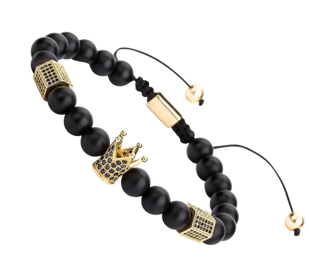 Матовый черный оникс Корона плетеный браслет Мужская мода женщин подарок для