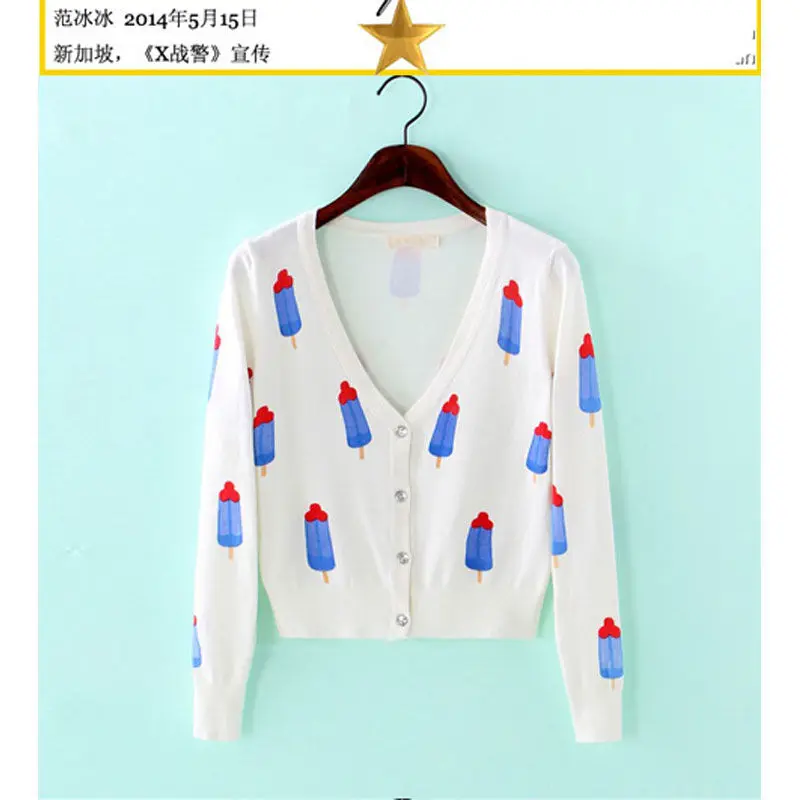 

Star same V-Neck Sweater women's cardigan spring autumn women's short small coat Long Sleeve embroidered white top