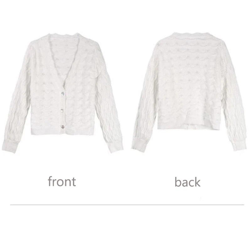 

Sweet Cute Hollow Out V-Neck Lantern Sleeve Knitted Cardigan Women Summer Solid Color Top Fashion Long Sleeve White Cardigan