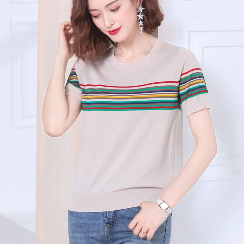 Женский трикотажный свитер в полоску тонкий пуловер с коротким рукавом и круглым
