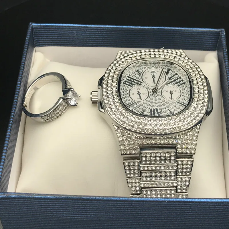 Мужские Роскошные часы и кольцо серебряного цвета комбинированный набор