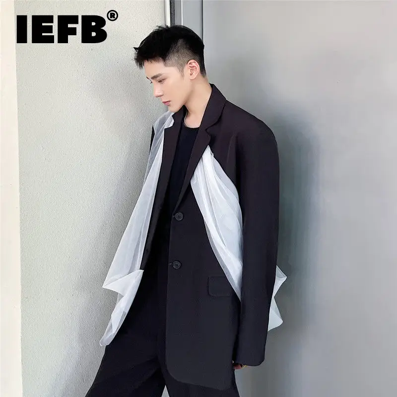 

IEFB New Niche Design Personalized Mesh Splicing Suit Coat 2022 Autumn Fashion Silhouette Contrast Color Blazer Single Breasted