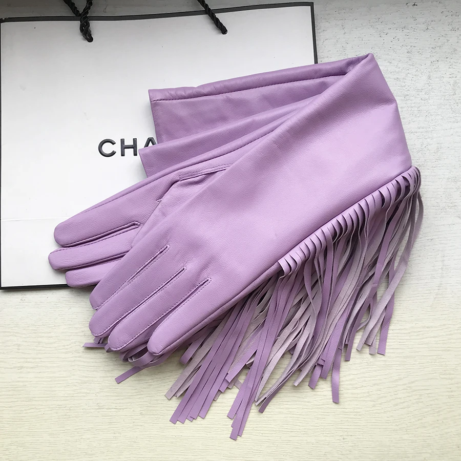 Women's Gloves Purple Fringe Tassel Arms Genuine Leather Extra Long Glove Lady's Club Performance Formal Party  Fashion Sexy