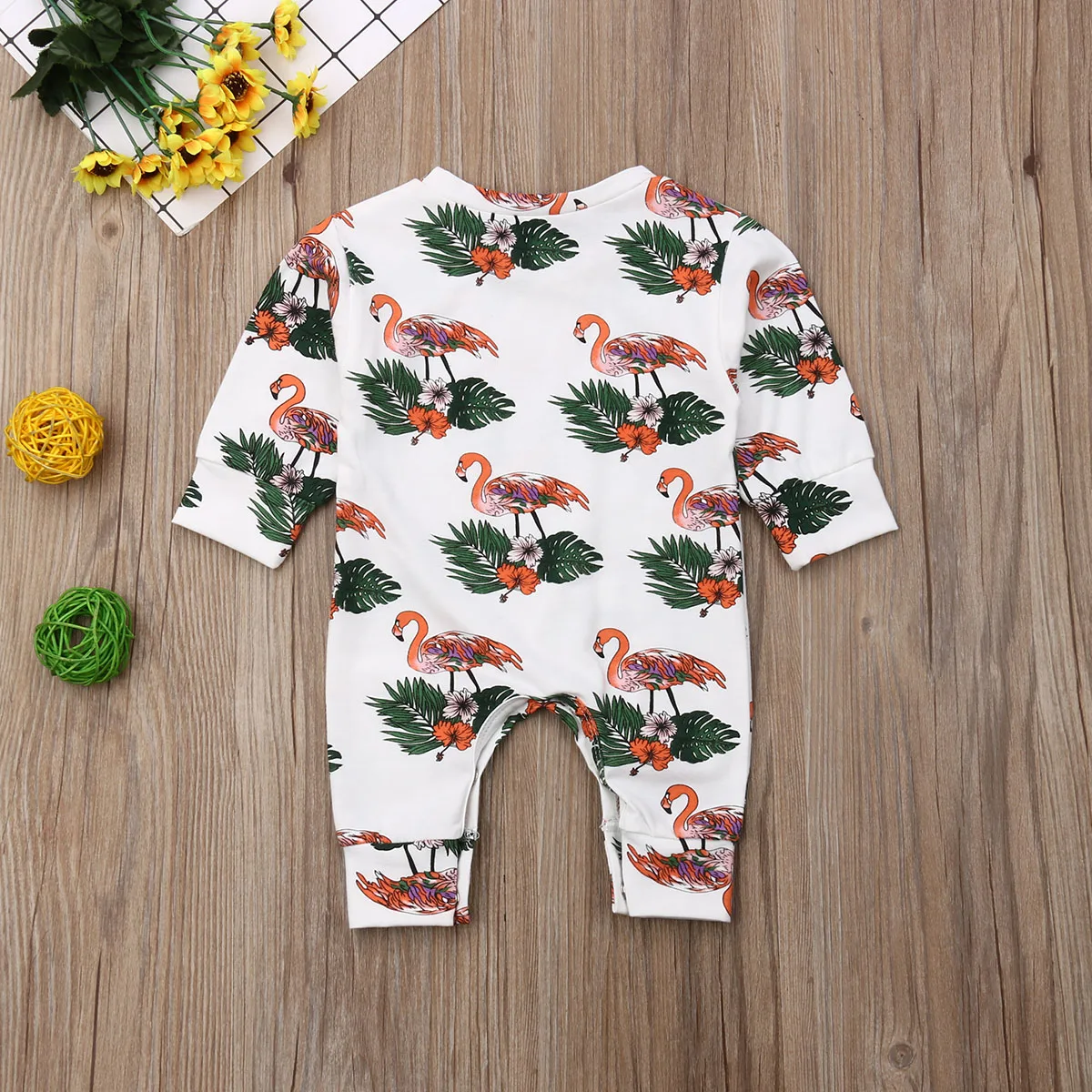

Newborn Babys Boy Girls Long Sleeve Jumpsuit Cartoon Flamingo Pattern Round Neck Casual One Piece Long Pants Cute Baby Playsuit