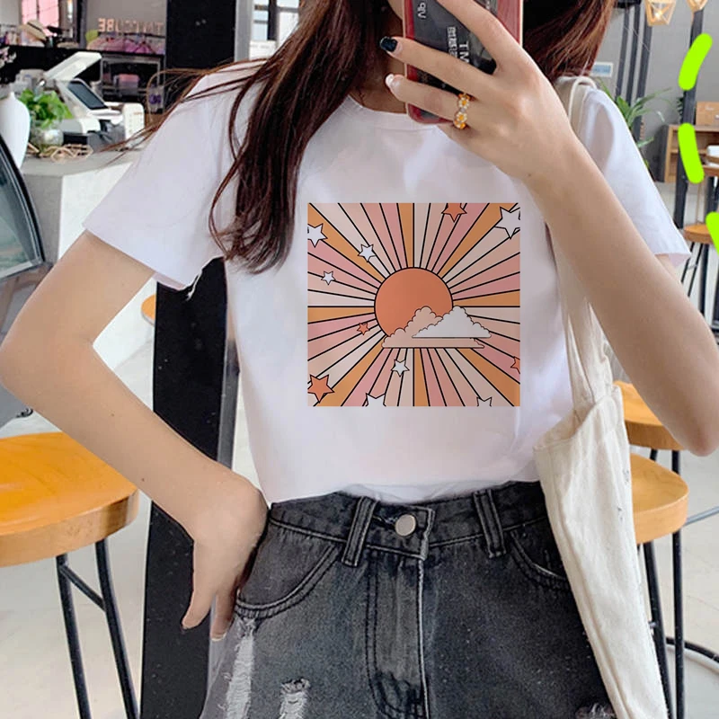 

Woman tshirts Great wave and Sunrise Printed T Shirt Aesthetic Tshirts Short Sleeve Casual White Top Tee Female Harajuku Tee