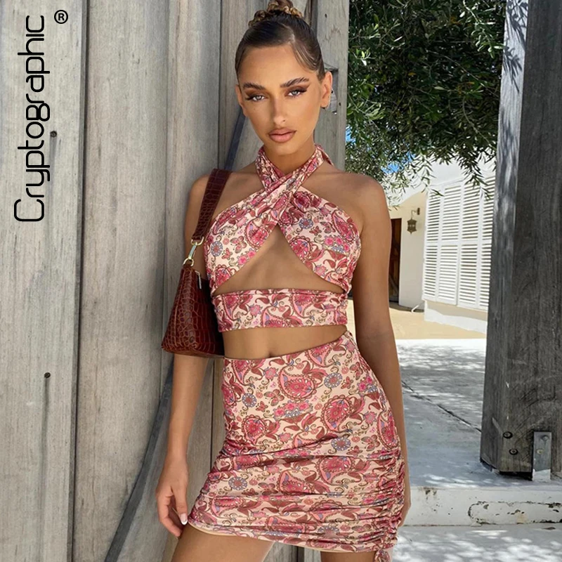 

Cryptographic Floral Print Halter Sexy Backless Crop Top and Skirts 2 Piece Matching Set Fashion Outfits Summer 2021 Women's Set