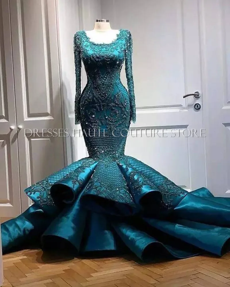 Luxury Beading Crystal Long Evening Dresses Long Sleeves Mermaid Sexy Special Occasion Dress Custom Made Party Gowns