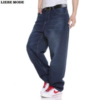 spring autumn mens big size hip hop baggy jeans loose fit jeans for men blue straight leg skateboard denim pants male 42 44 46