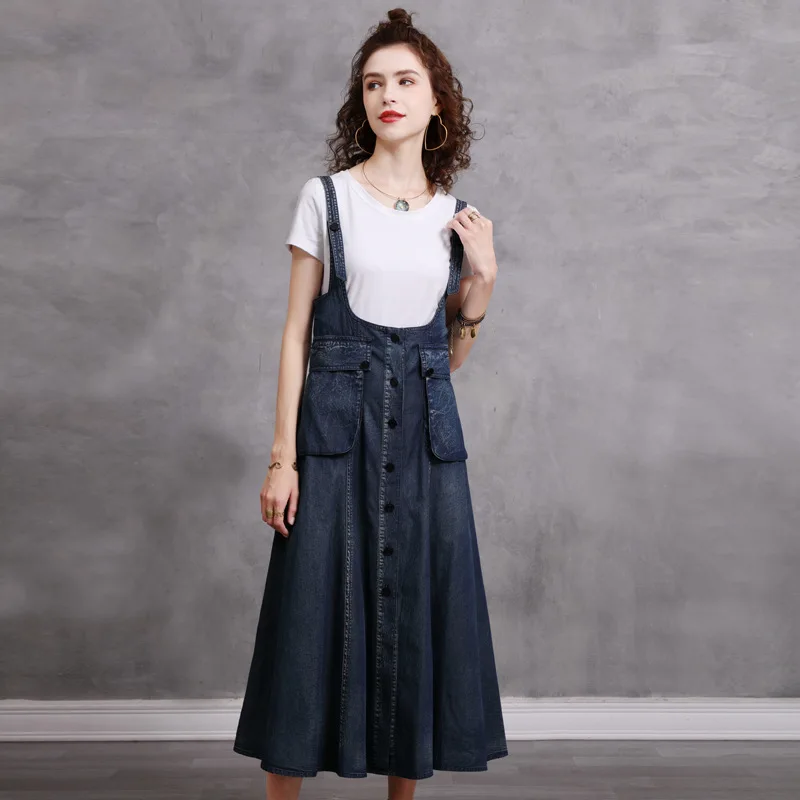 

IEQJ Women Blue Sweet Casual Elegant Single Breasted Backless Denim Camisole Dress New Loose Fashion Tide Summer 2021 3F0459