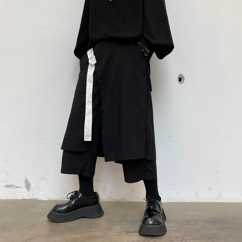 Men's new style classic dark Yamamoto style color belt design loose straight leg large cropped pants