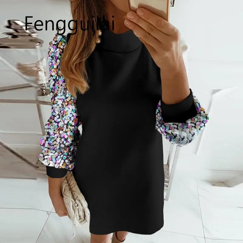 

Autumn Elegant Turtleneck Straigh Dress Office Lady Puff Long Sleeve Mini Dress Women Casual Heart Sequins Party Dresses