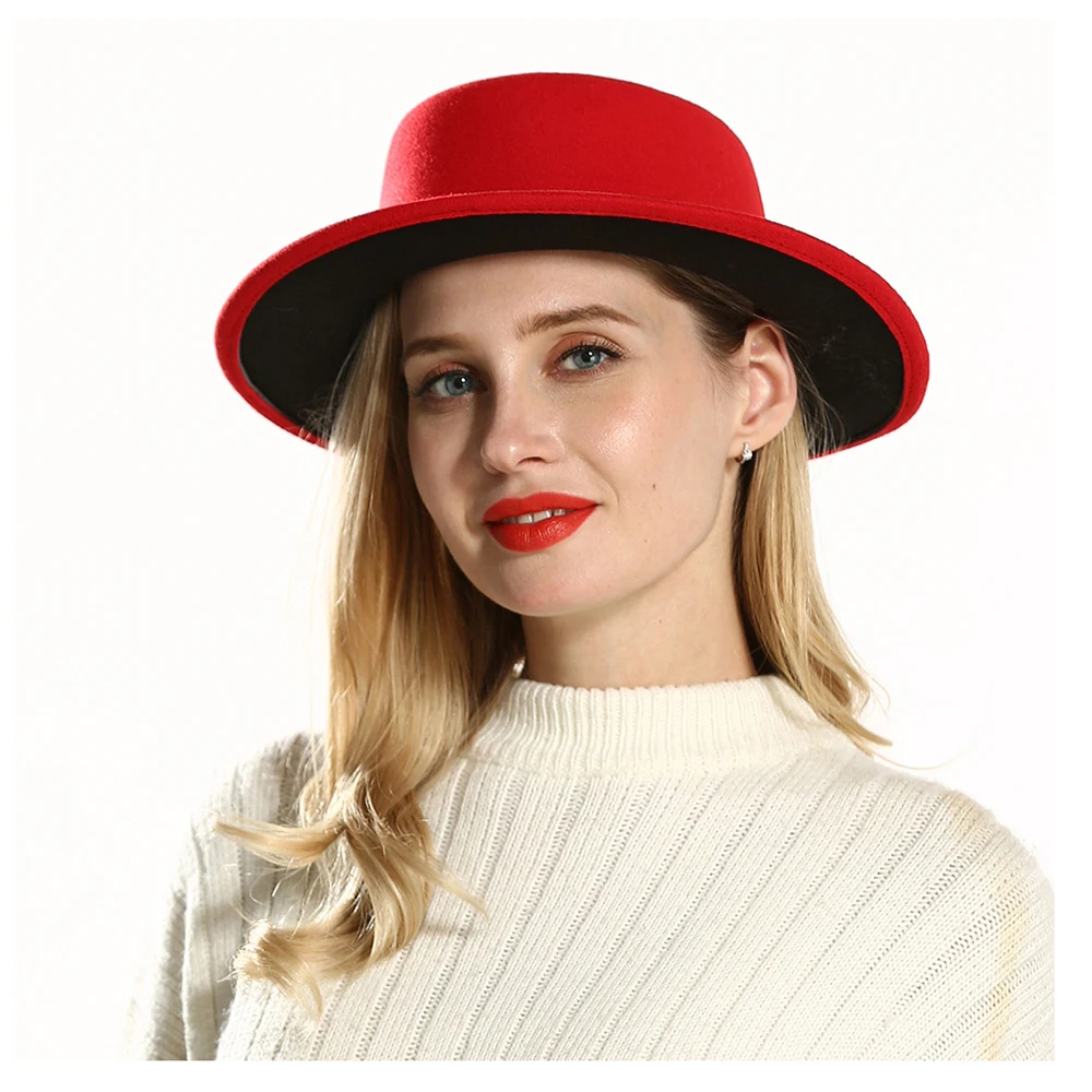 Red Black Женская шерстяная шляпа Fedora для элегантных леди вуалет джаз шляпа с широкими полями простая шляпка для церкви шляпа-пирожок размер 56-58 см - Цвет: Red Black