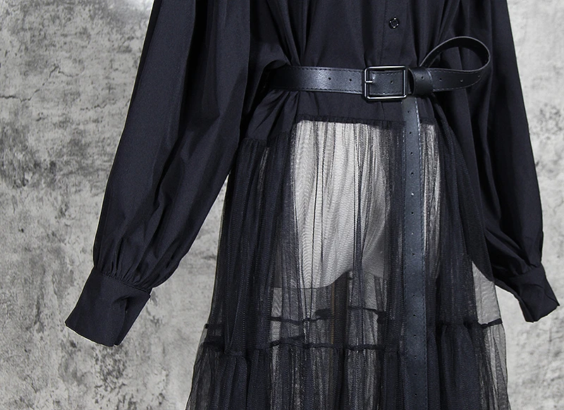

VGH Patchwork Perspective Dress For Women Stand Collar Lantern Sleeve High Waist With Sashes Mesh Dresses Female Fashion Clothes