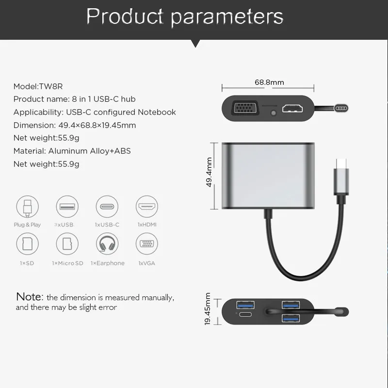 Basix USB C концентратор к HDMI VGA адаптер Thunderbolt 3 USB док-станция с usb type-C PD TF 3,5 мм считыватель слот для MacBookPro huawei P20 Pro