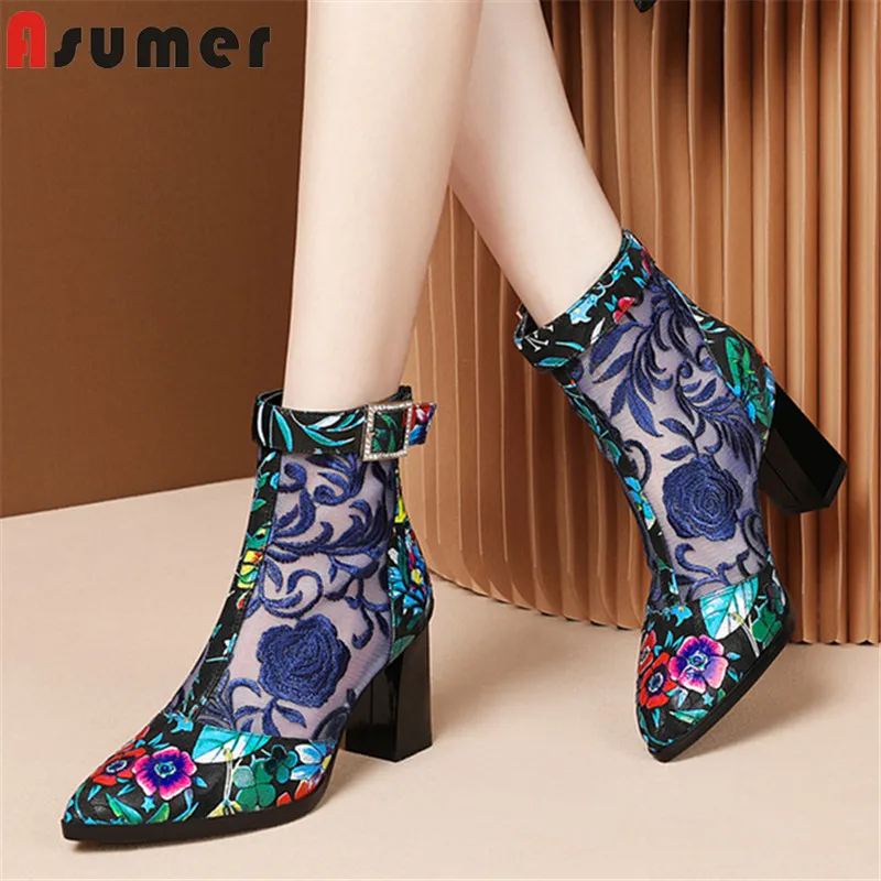 Женские ботильоны с острым носком ASUMER черные ботинки вышивкой на высоком каблуке