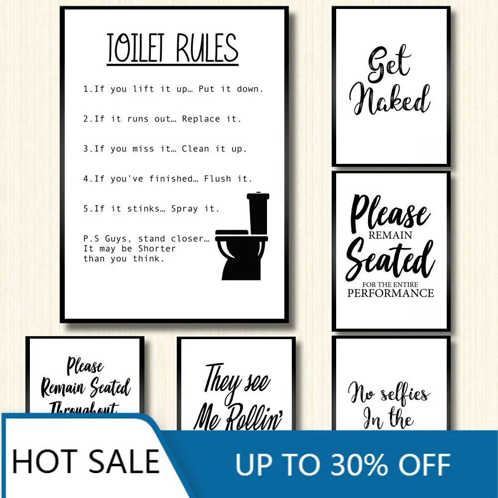 Рождественская Картина на холсте забавный знак правила в ванной комнате