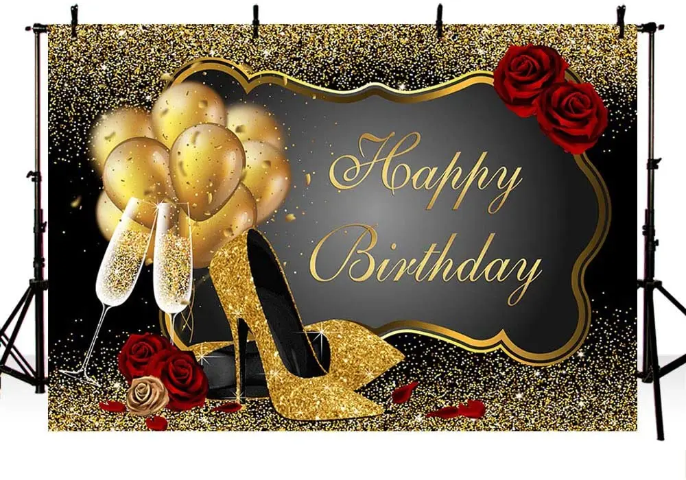 Gold and Black Photo Background Props Shiny Sequin Gold High Heels Balloons Champagne Adult Woman Red Rose Happy Birthday Party