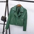 Новинка 2019, женские кожаные пальто, весна-осень, приталенные пиджаки с длинным рукавом, Женские Короткие Зеленые мотоциклетные куртки-бомберы