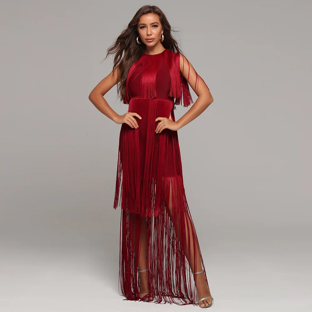 Длинное платье без рукавов с кисточками Бандажное сексуальное вечернее Клубное