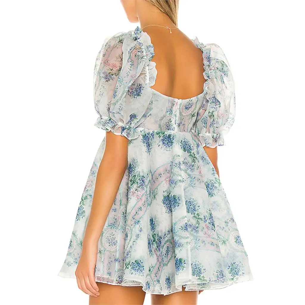 

Hot Popular Top Quality Fast Shipping Puff sleeves Organza Fabric Sheen Floral Blue Dress Manufacturer China