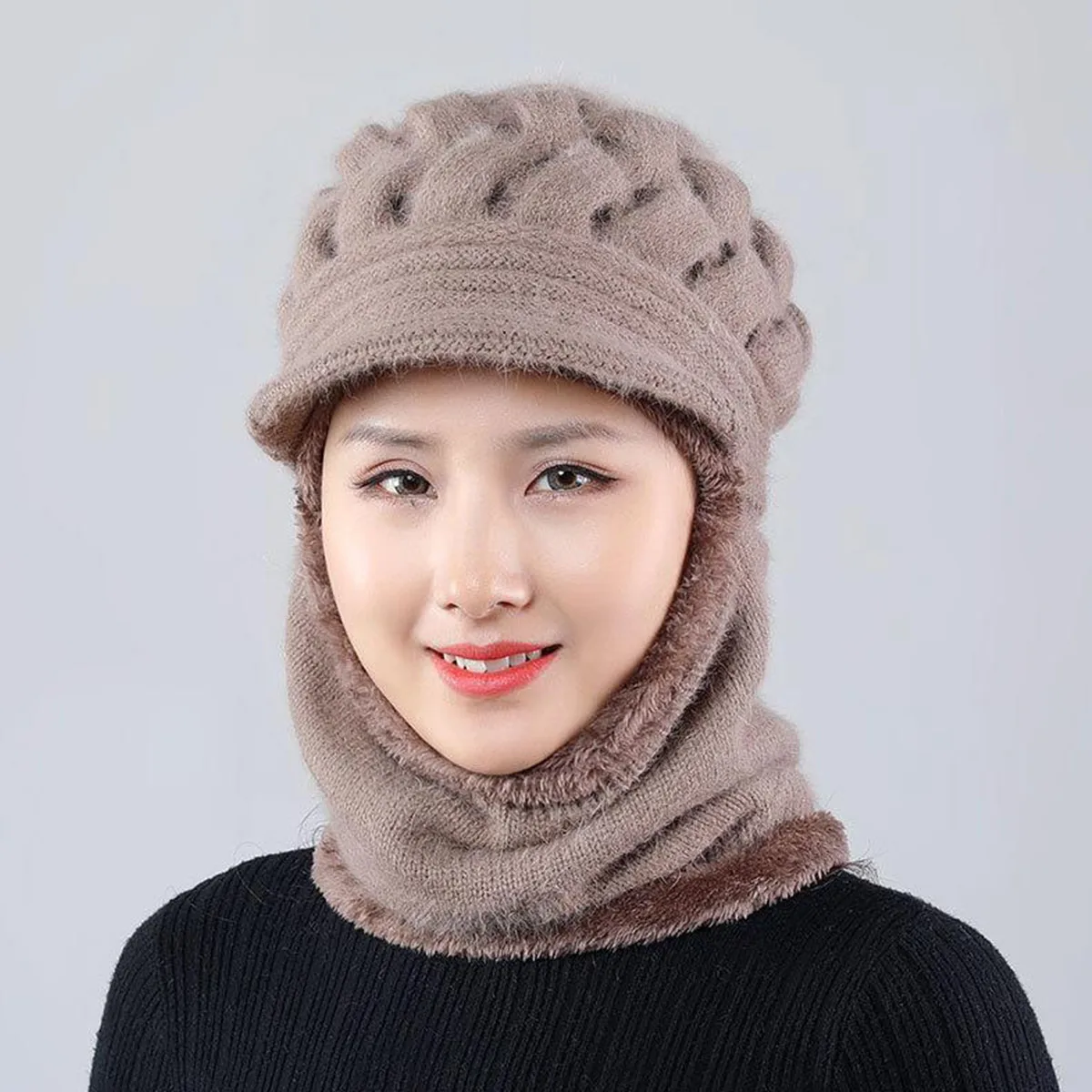 

Fashion Women Bib Beanie Hat Pom Bobble Scarf Mask Set Knitted Warm Snow Ski Cap