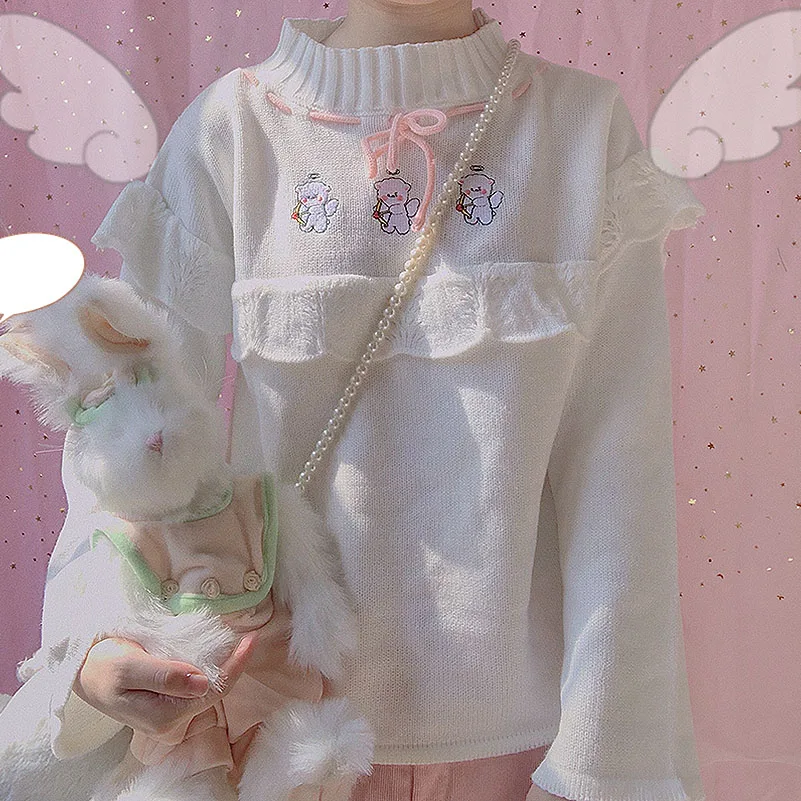 Japanese Cute Girls knit Sweater Women Kawaii Lace Embroidery Turtleneck Knitted Pullovers Winter Preppy Style Loose Jumper Tops |