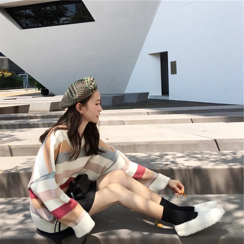 Winter Striped Knitted Women Sweaters And Long Sleeve O-neck Casual Pullovers Sueter Mujer Tops Korean Kawaii Jumper | Женская одежда