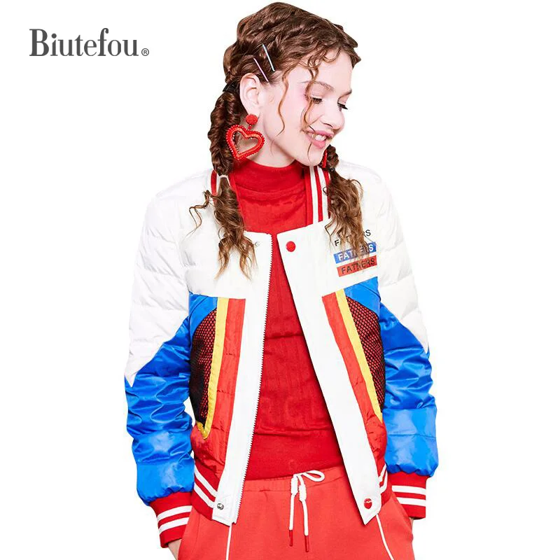 2019 Autumn and winter stitching thin down jackets fashion women stand collar short | Женская одежда