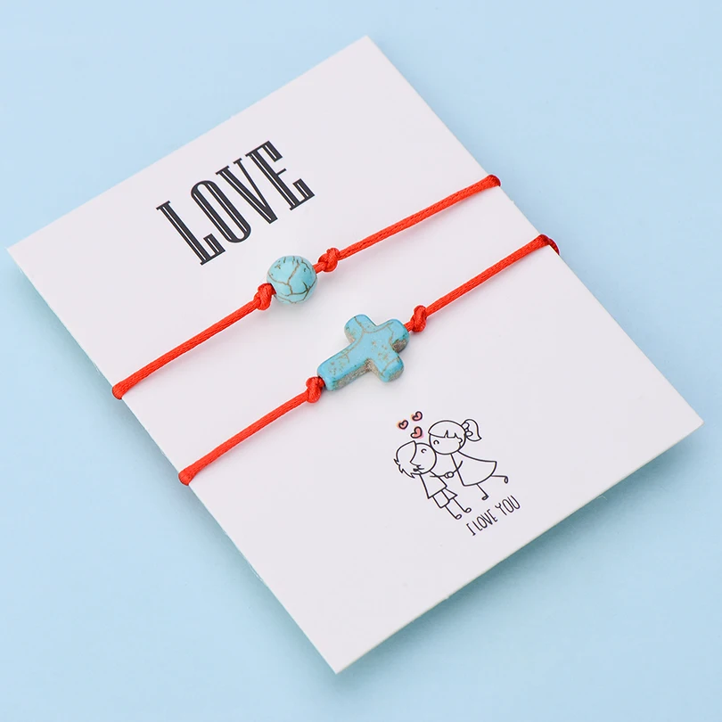 color 6 IYOE 2 шт./компл. Wish Card любовь ручной плетеный браслет для пары для женщин и мужчин Красная Нить круглые бусины Крест Шарм браслет подарок любителю - Окраска металла: color 6