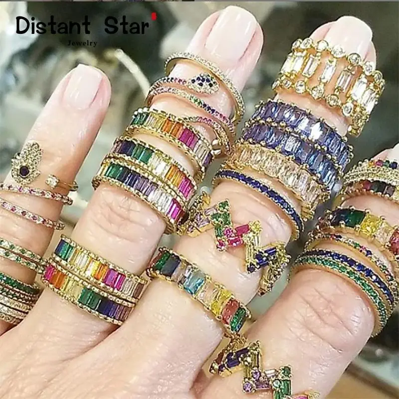 

Dropshipping Luxury woman's rainbow crystal ring diy jewelry gold zircon rings initial women for ring ins gift
