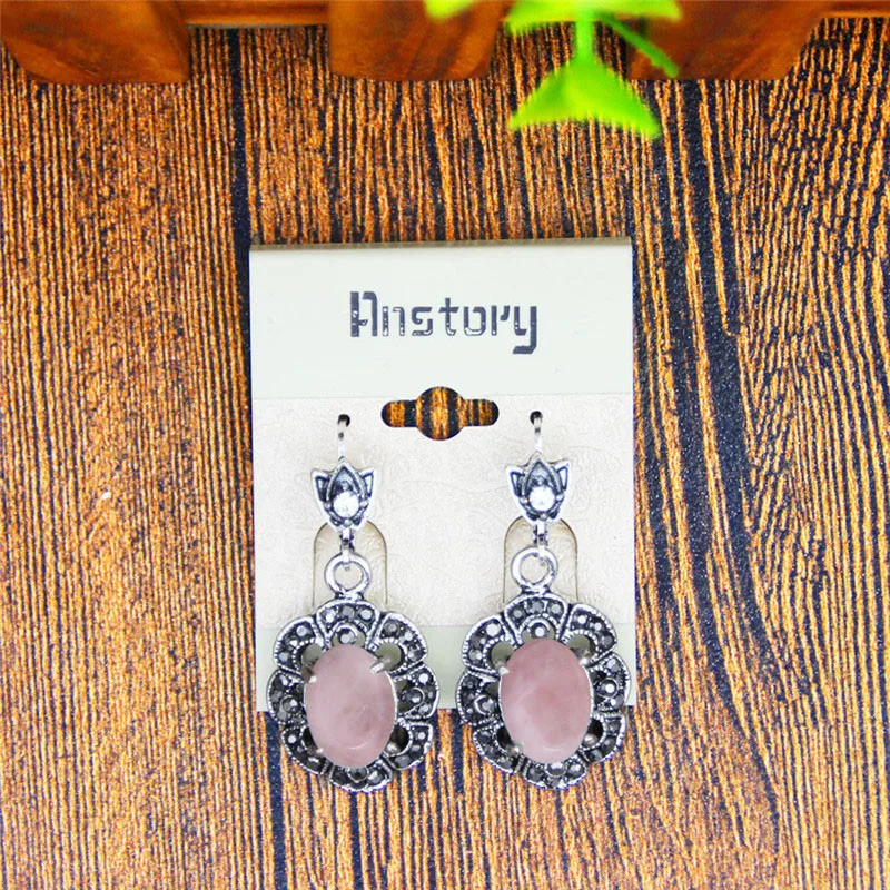 Vintage Natural Pink Quartz Jewelry Set Rhinestone Flower Necklace Earring Antique Sliver Plated For Women Fashion Jewelry
