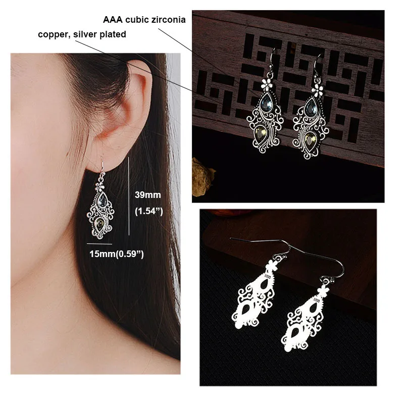 Boho винтажные женские маленькие висячие серьги с камнем, резные серьги в виде цветка, серьги-капли, этнические индийские украшения, античное серебро, DBE044