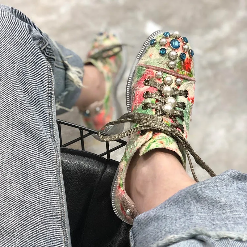 

Spring Mesh Breathable Hollow Out Rhinestone Shoes Women Street Lace Up Print Pearl Ladies Thick Heel Shoes Sapato Feminino