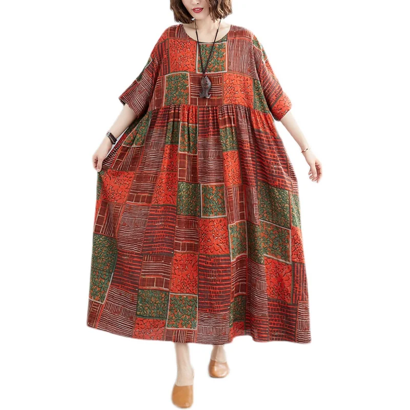 

COIGARSAM Vintage Print Women dress New Summer Loose Dresses Blue Orange 172