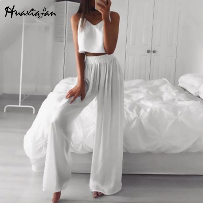 

Huaxiafan Casual White Sets Women Summer Loose Fashion Crop Tops and Long Pants Plus Size 2PCS Suits Sets Female 2021 Outfits